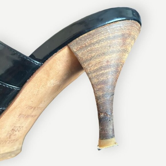 Hermès Black Patent Leather Sandals 36.5 Gold Hardware Buckle Heel Textured Stud - Picture 5 of 10
